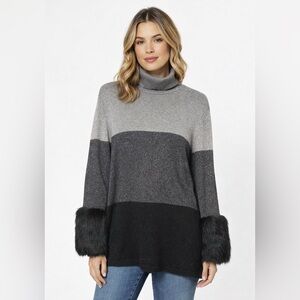 🔥 COLORBLOCK TURTLENECK SWEATER Faux Fur Cuffs Sz S EUC Chic!